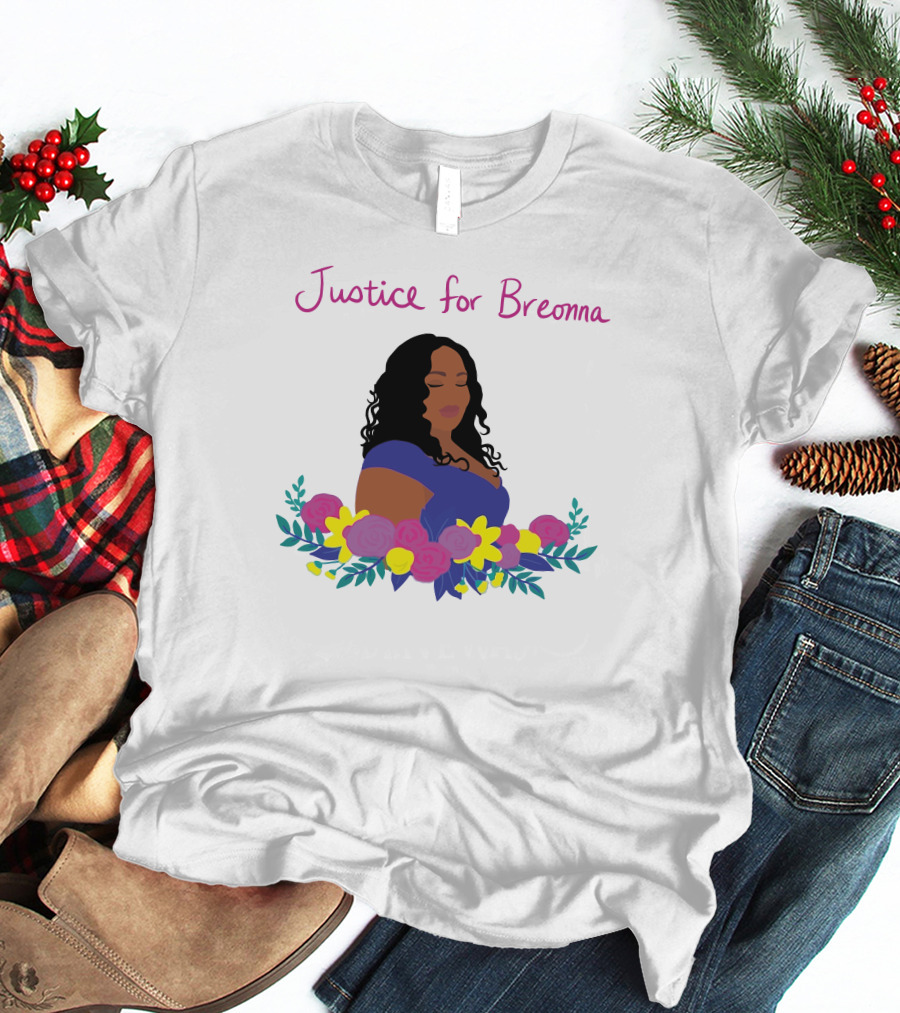 Justice For Breonna Floral Illustration With Woman In Blue Dress T-Shirt