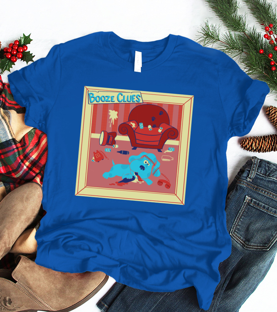 Booze Clues Blue Dog Party Mess With Cans And Couch T-Shirt
