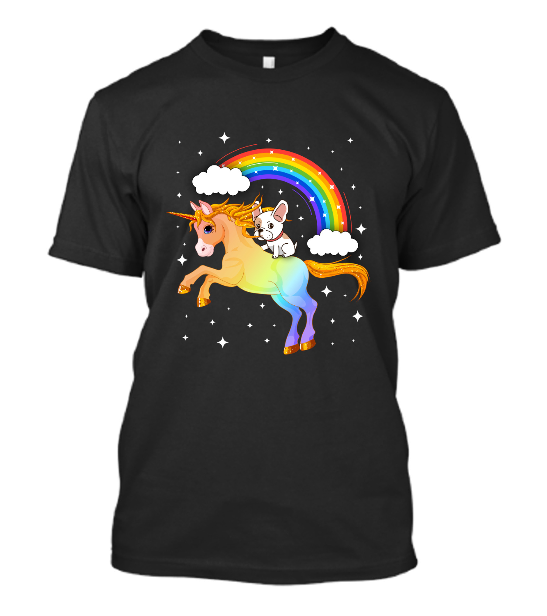 French Bulldog Riding Rainbow Unicorn With Stars And Clouds T-Shirt