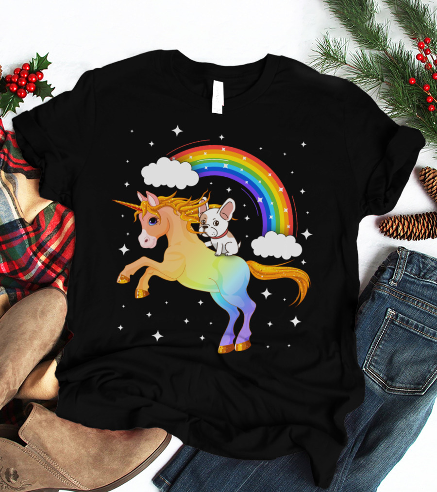 French Bulldog Riding Rainbow Unicorn With Stars And Clouds T-Shirt