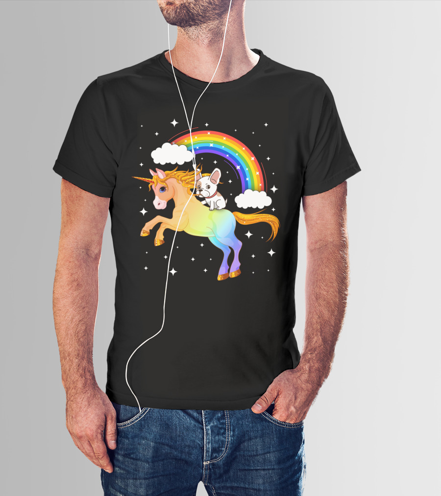 French Bulldog Riding Rainbow Unicorn With Stars And Clouds T-Shirt