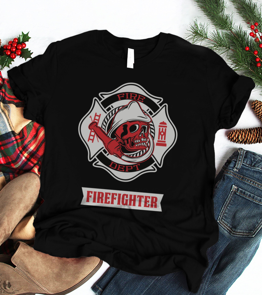 Firefighter Skull Fire Dept Maltese Cross T-Shirt