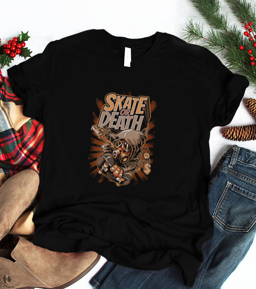 SKATE OR DEATH Graffiti-Style Gas Mask Skeleton Holding Cash And Gun On Skateboard T-Shirt