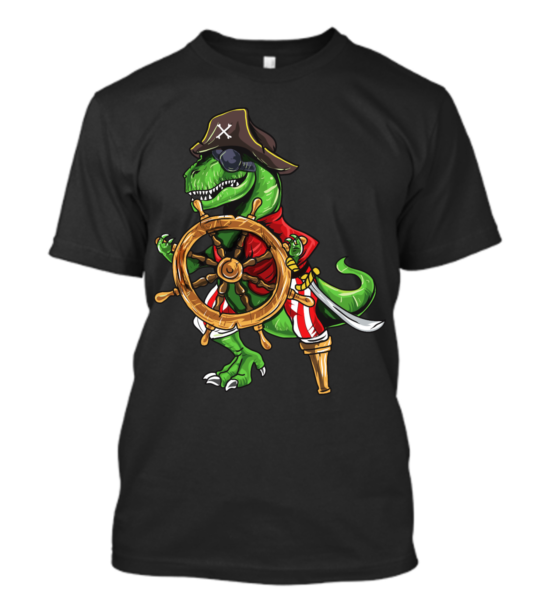 T-Rex Pirate Hat Wooden Leg Steering Ship Wheel Halloween Skull T-Shirt