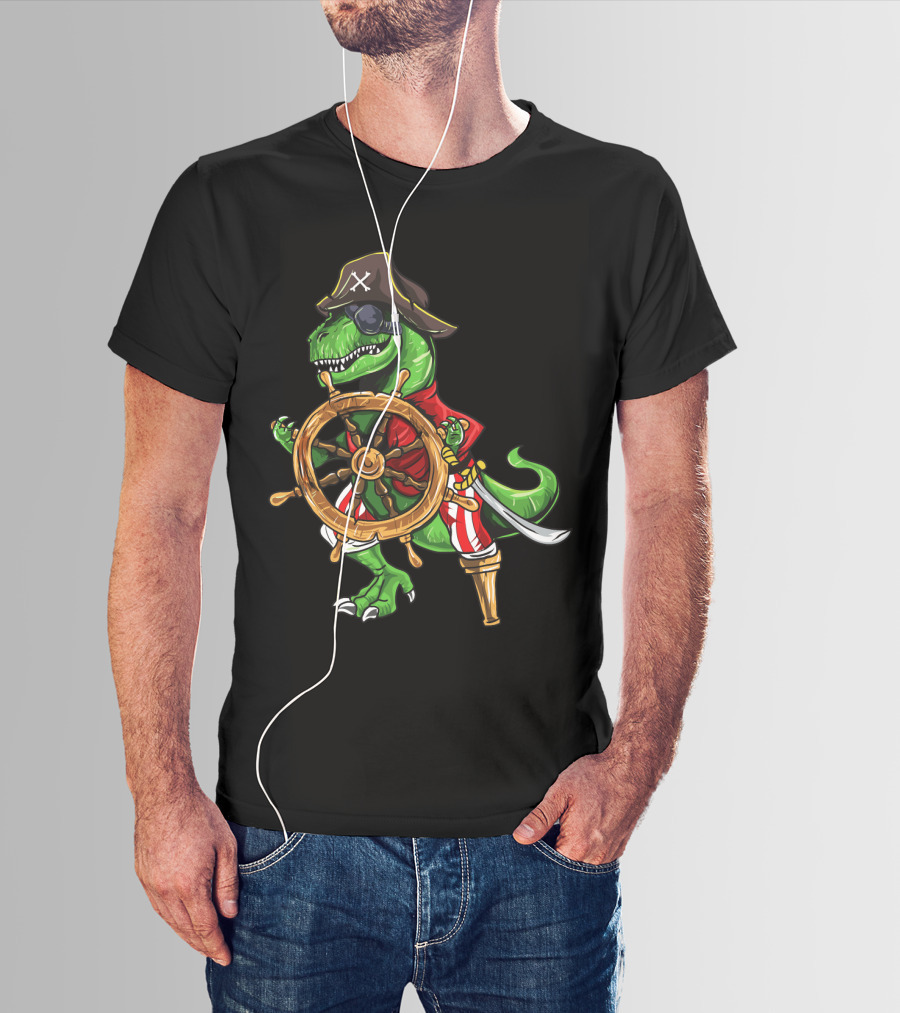 T-Rex Pirate Hat Wooden Leg Steering Ship Wheel Halloween Skull T-Shirt