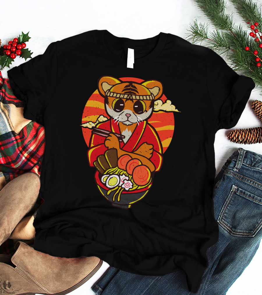 Kawaii Ramen Tiger In Kimono With Japanese Noodles And Sunset Background T-Shirt
