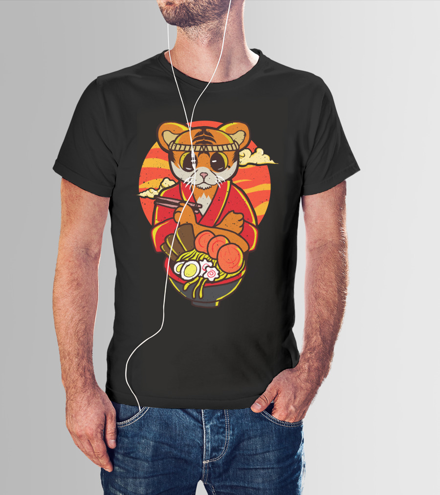 Kawaii Ramen Tiger In Kimono With Japanese Noodles And Sunset Background T-Shirt