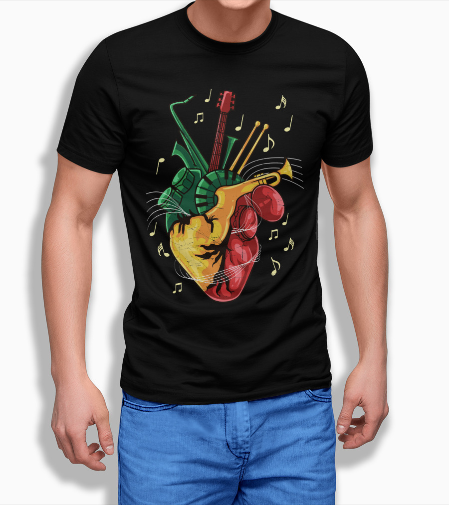 Reggae Lover Jamaican Heart Music Rastafari Instrument Fusion T-Shirt