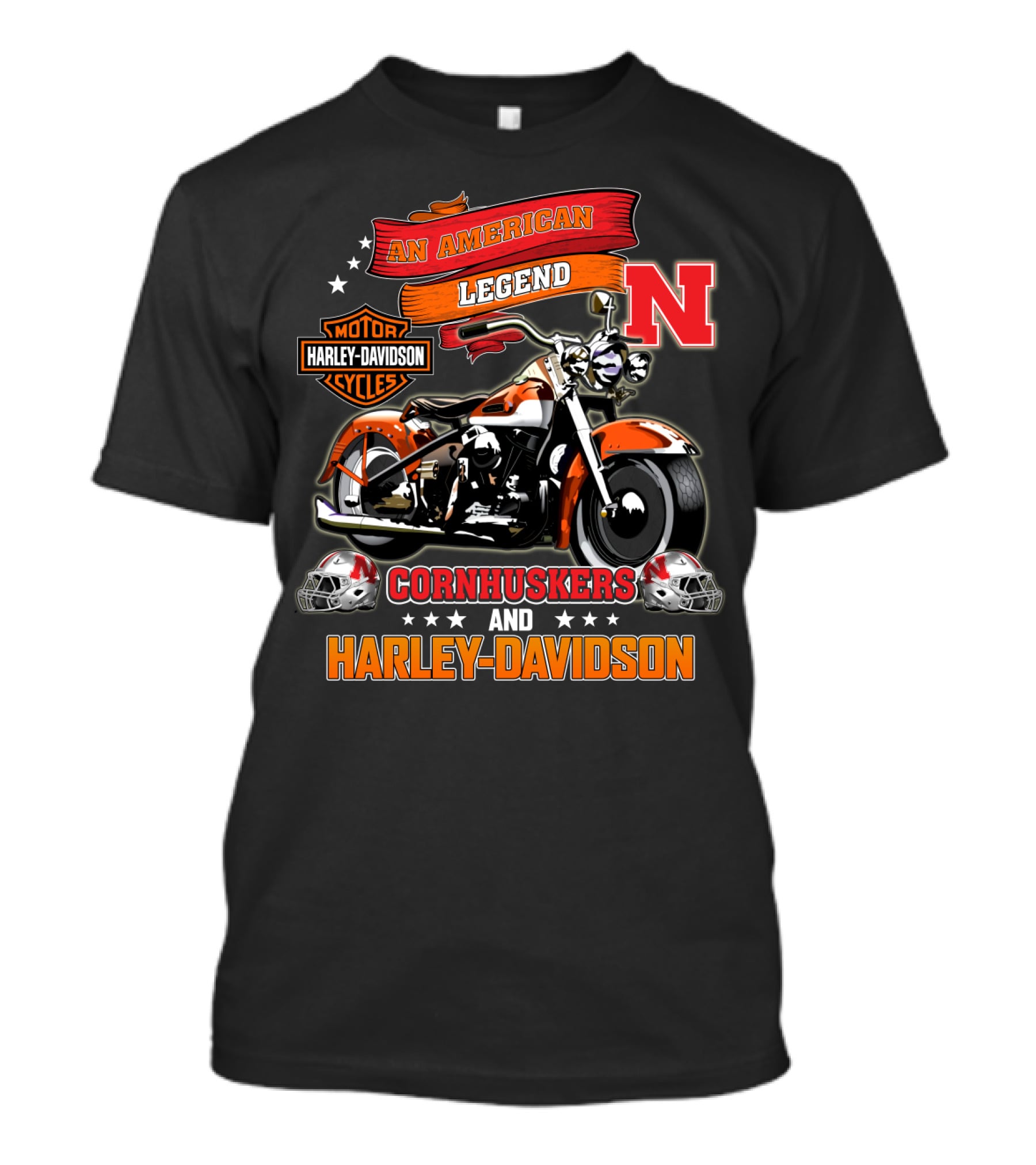 An American Legend Nebraska Cornhuskers And Harley Davidson Motorcycle Cycles T-Shirt
