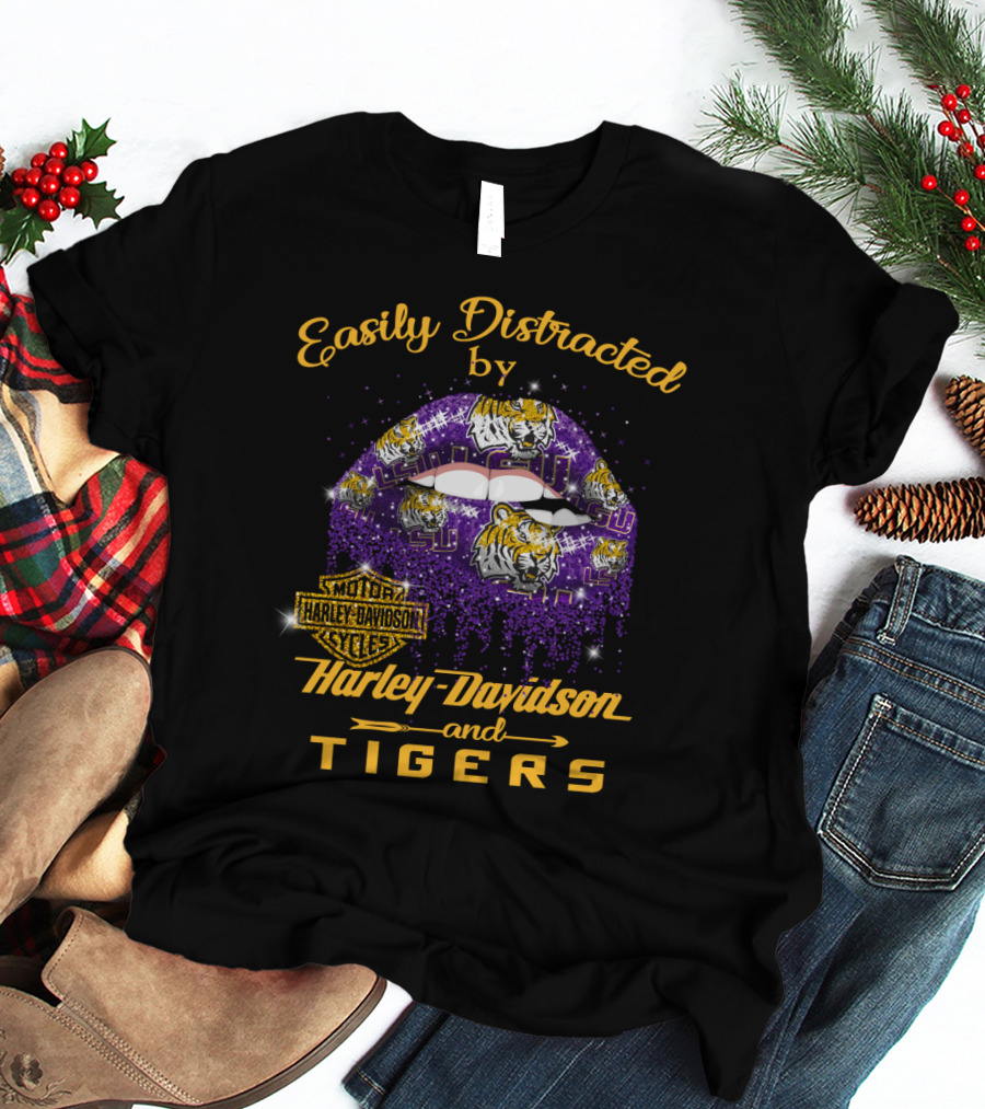 Easily Distracted By Harley Davidson And Lsu Tigers T-Shirt