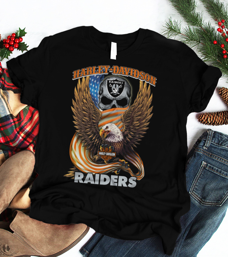 Harley Davidson Raiders Eagle American Flag Skull Nfl Oakland Raiders T-Shirt