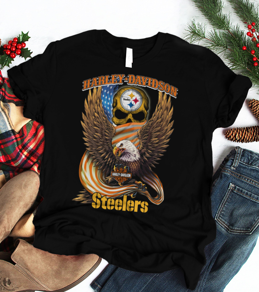 Harley Davidson Steelers Skull Eagle American Flag Pittsburgh Nfl T-Shirt