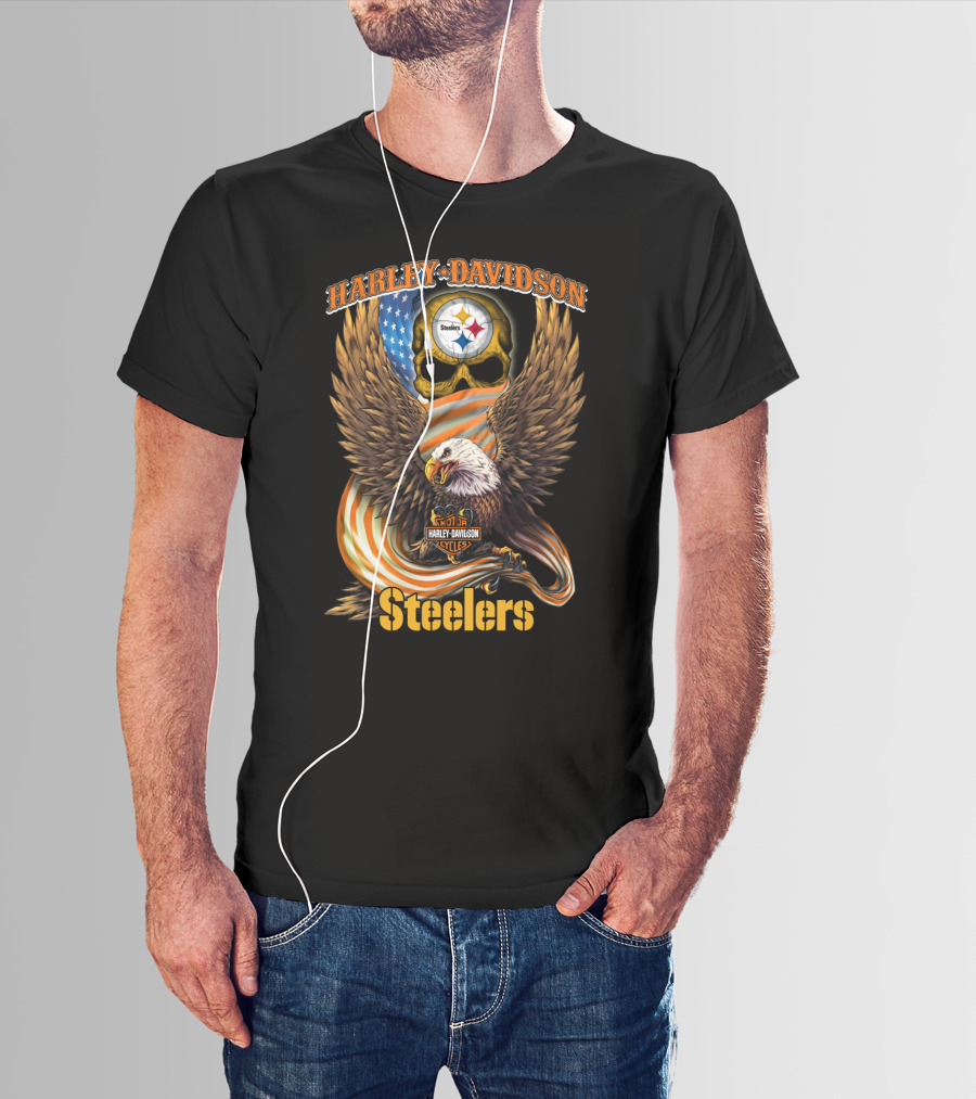 Harley Davidson Steelers Skull Eagle American Flag Pittsburgh Nfl T-Shirt