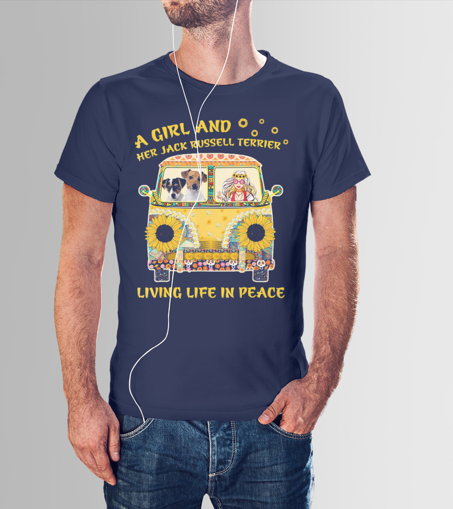 A Girl And Her Jack Russell Terrier Living Life In Peace Hippie Van With Sunflowers T-Shirt