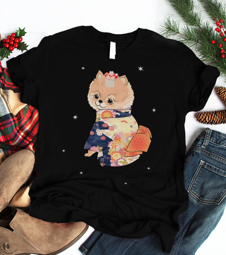 Pomeranian Dog In Floral Kimono With Stars T-Shirt