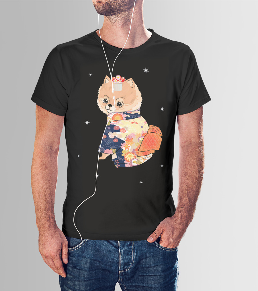 Pomeranian Dog In Floral Kimono With Stars T-Shirt