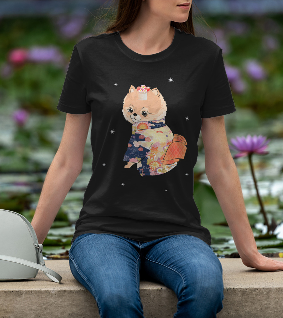 Pomeranian Dog In Floral Kimono With Stars T-Shirt