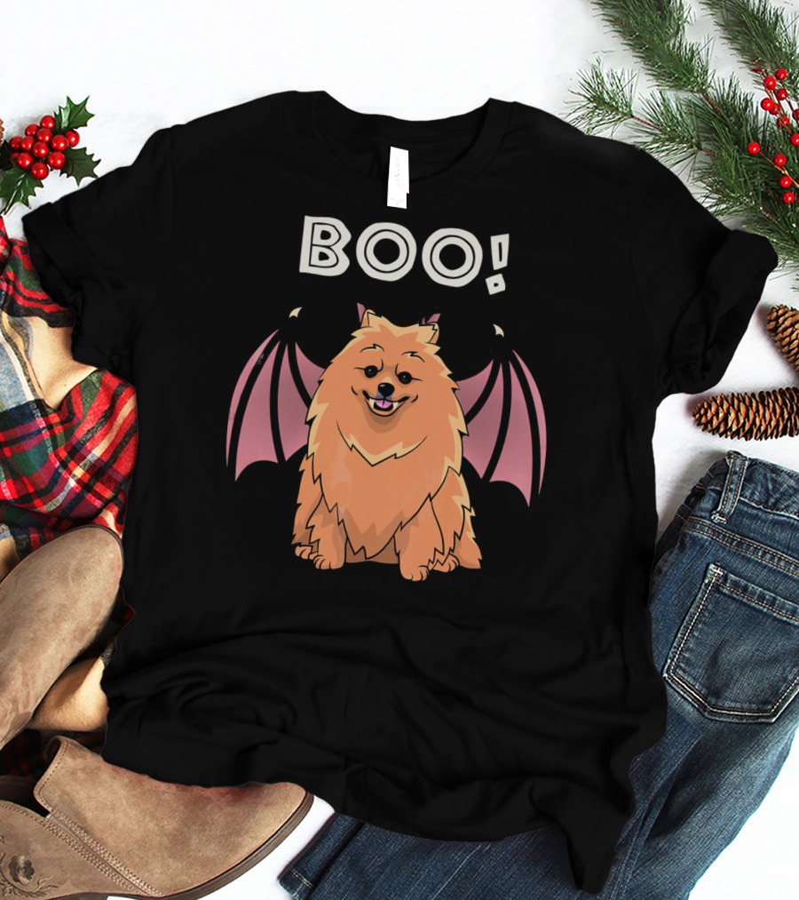 BOO Pomeranian With Bat Wings Halloween T-Shirt