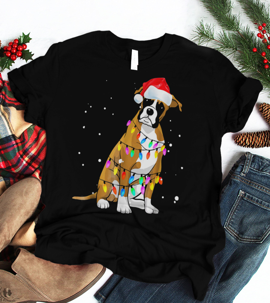 Boxer Dog Wrapped In Christmas Lights With Santa Hat T-Shirt