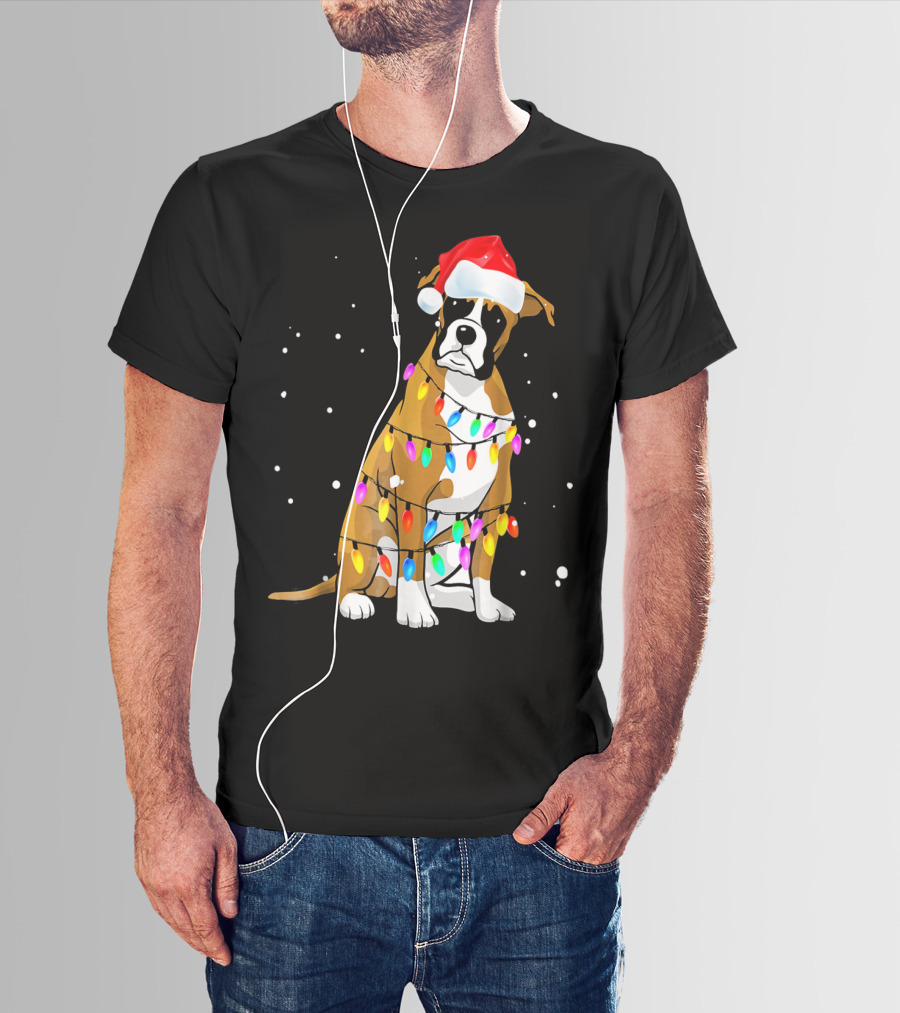 Boxer Dog Wrapped In Christmas Lights With Santa Hat T-Shirt