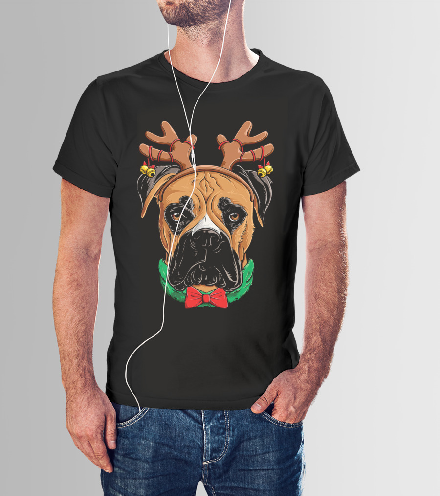 Boxer Dog With Reindeer Antlers Bow Tie Christmas T-Shirt