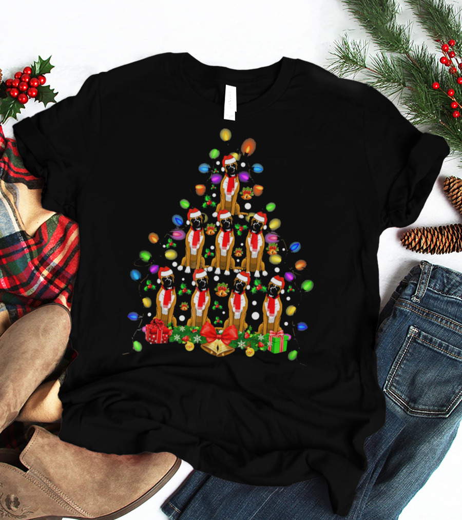 Boxer Dogs In Christmas Tree With Lights And Santa Hats T-Shirt
