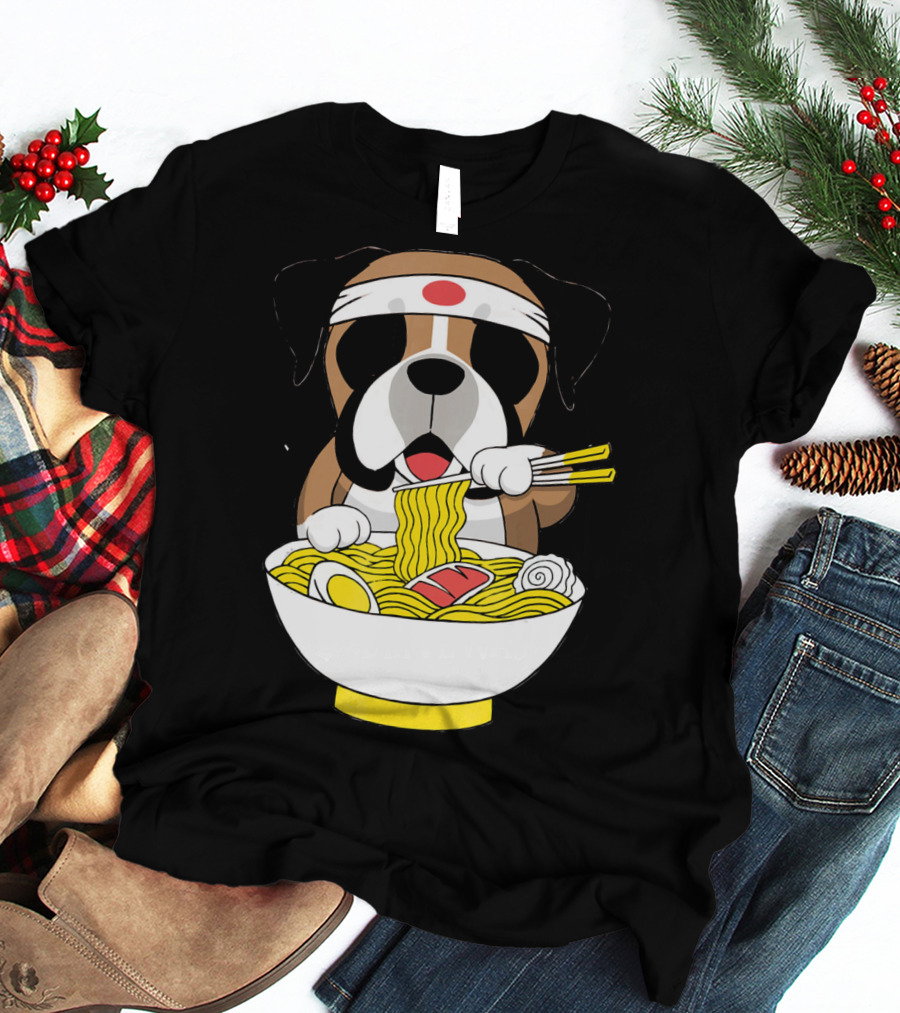 Boxer Dog Eating Japanese Ramen With Chopsticks In Funny T-Shirt