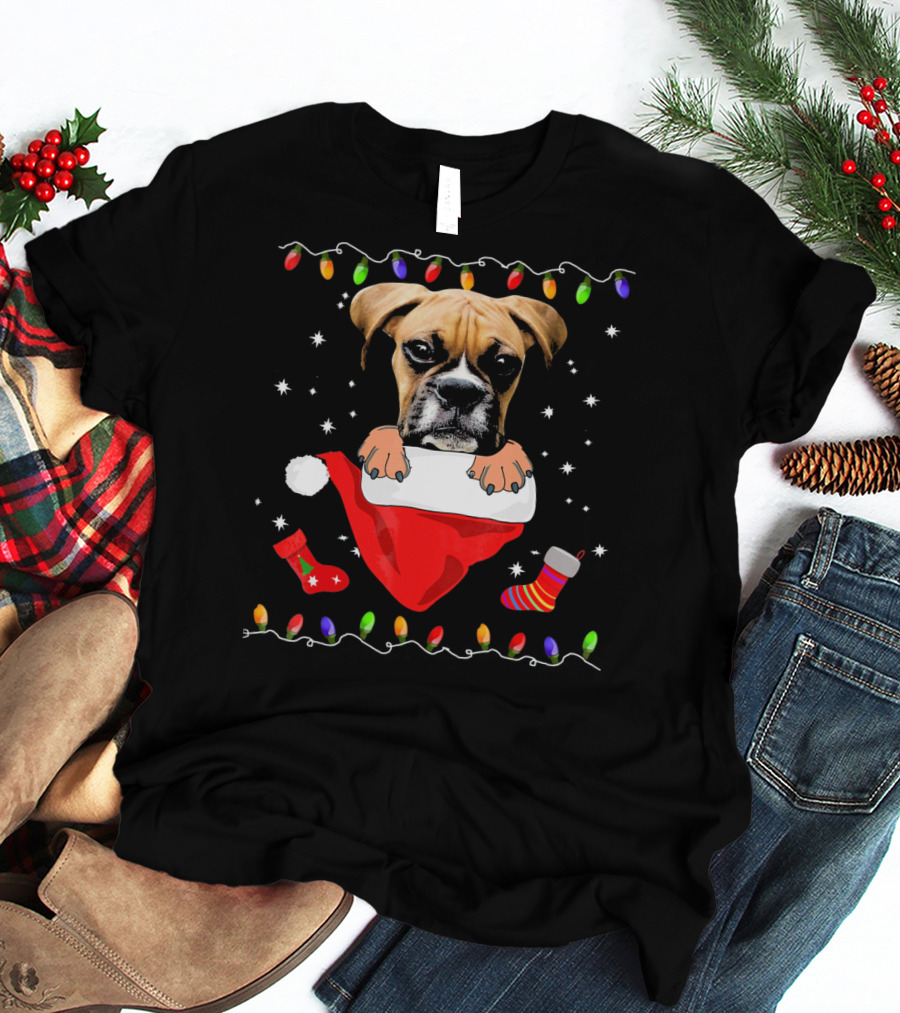 Festive Boxer Dog Christmas With Santa Hat And Holiday Lights T-Shirt