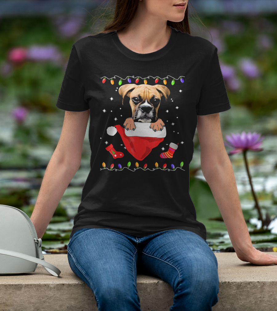 Festive Boxer Dog Christmas With Santa Hat And Holiday Lights T-Shirt