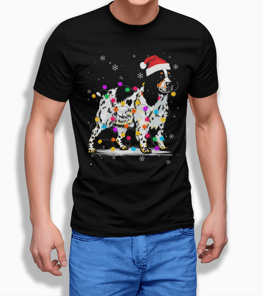 Cocker Spaniel Dog With Christmas Lights Santa Hat Snowflakes T-Shirt
