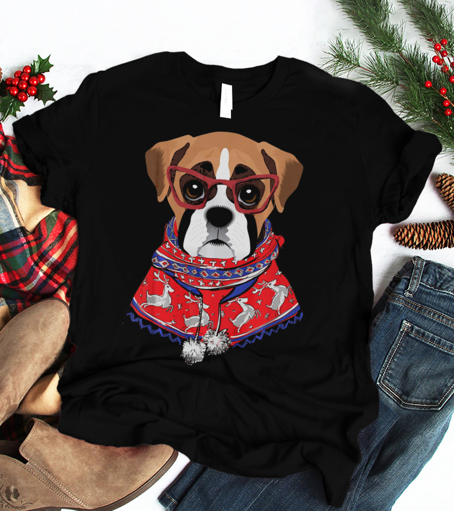 Funny Boxer Dog With Glasses In Christmas Scarf Holiday Look T-Shirt