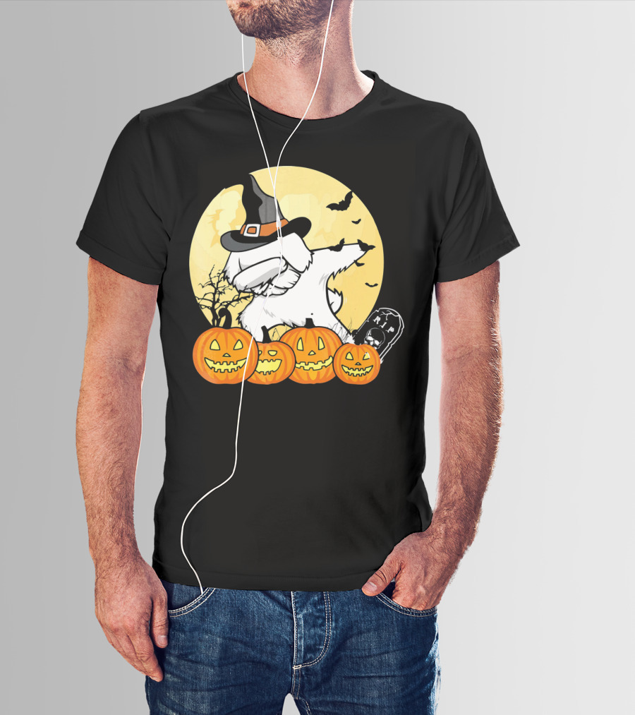 Funny Halloween Maltese Dog With Pumpkins And Witch Hat T-Shirt