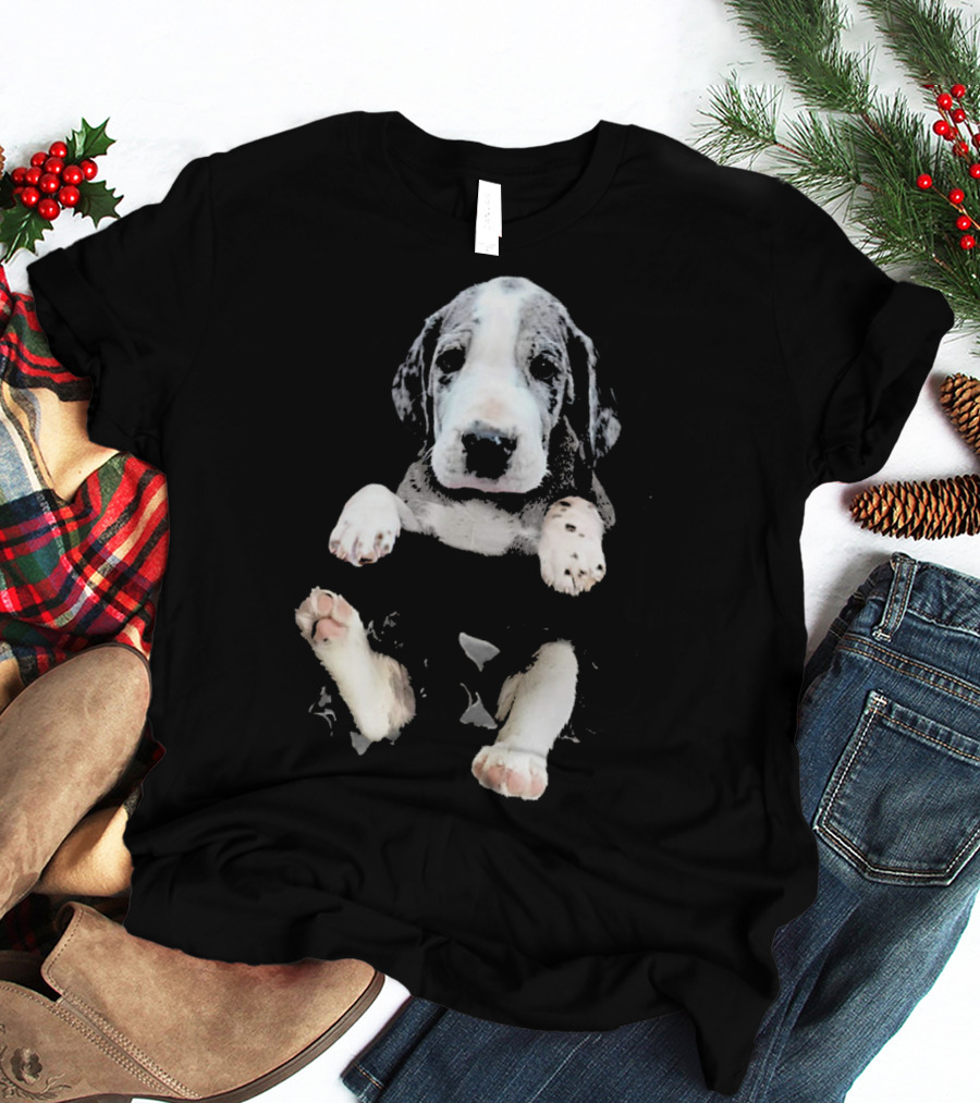 Great Dane Puppy Peeking Out Of Pocket T-Shirt