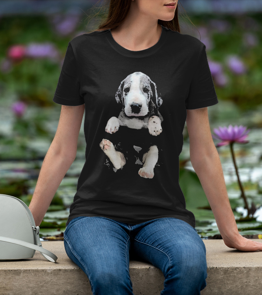 Great Dane Puppy Peeking Out Of Pocket T-Shirt
