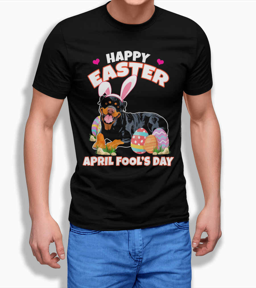 Happy Easter April Fool's Day Funny Rottweiler with Bunny Ears and Colorful Eggs T-Shirt