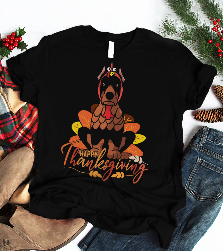Happy Thanksgiving Doberman Pinscher Turkey Autumn Leaves T-Shirt