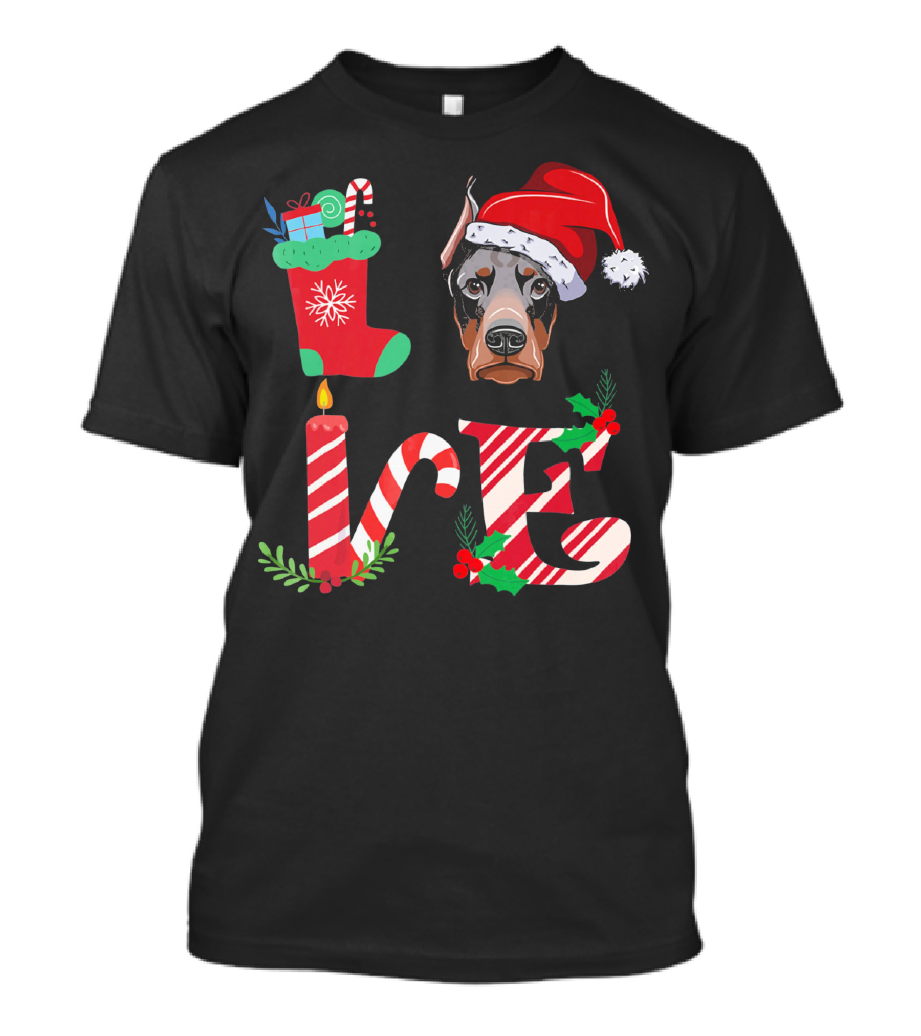 I Love My Doberman Lovers Owners Christmas Santa Hat Stocking Candle T-Shirt