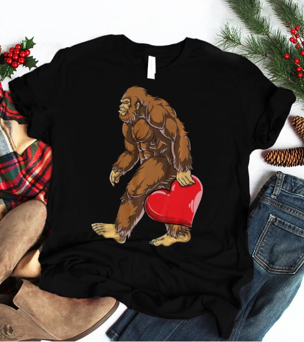 Bigfoot Carrying Heart Funny Valentine's Day T-Shirt