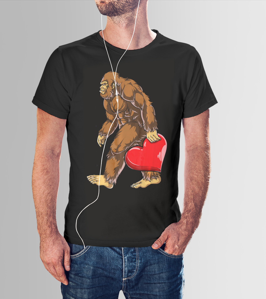 Bigfoot Carrying Heart Funny Valentine's Day T-Shirt