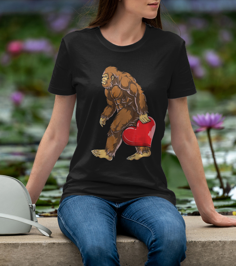 Bigfoot Carrying Heart Funny Valentine's Day T-Shirt