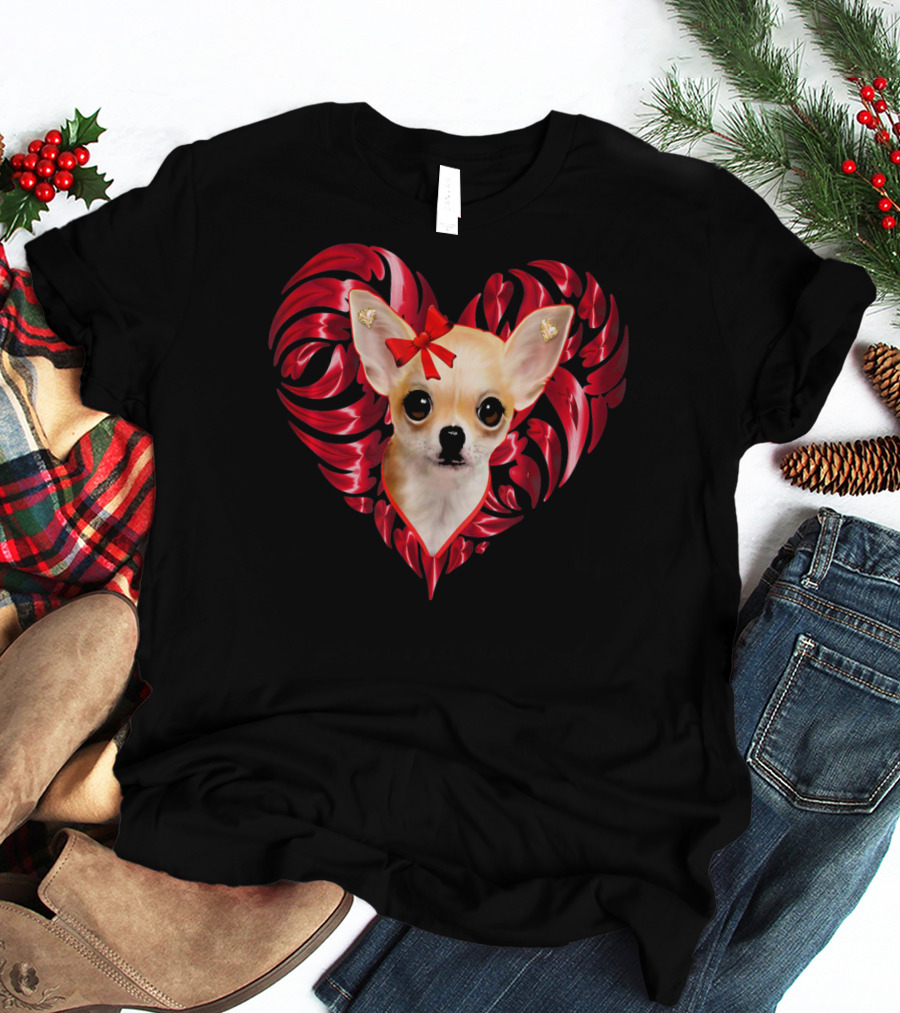 Chihuahua Dog Valentine Heart With Bow And Swirls T-Shirt