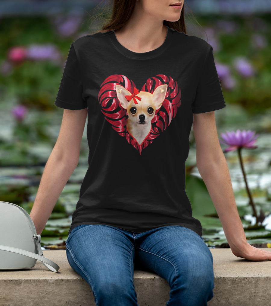 Chihuahua Dog Valentine Heart With Bow And Swirls T-Shirt