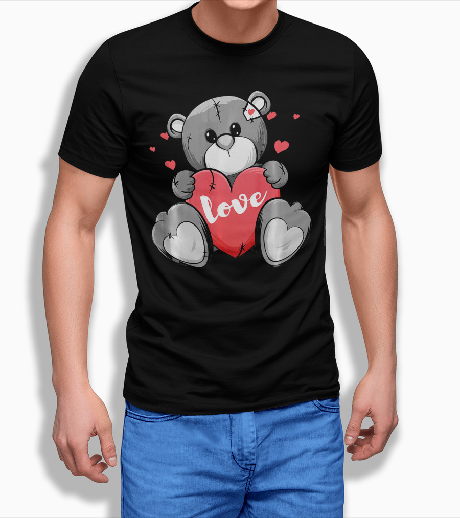 Valentine's Day Cute Bear with Heart and Love Text T-Shirt