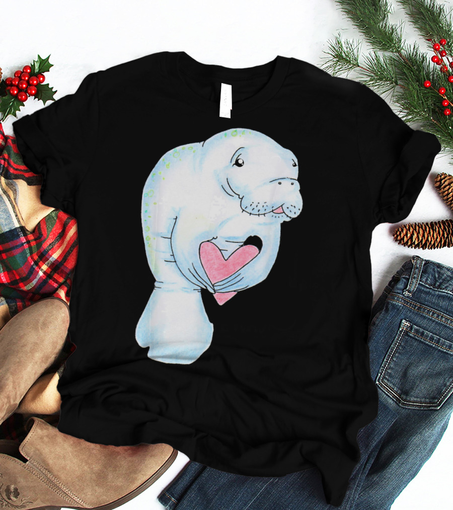 Manatee Holding Heart Valentines Day T-Shirt
