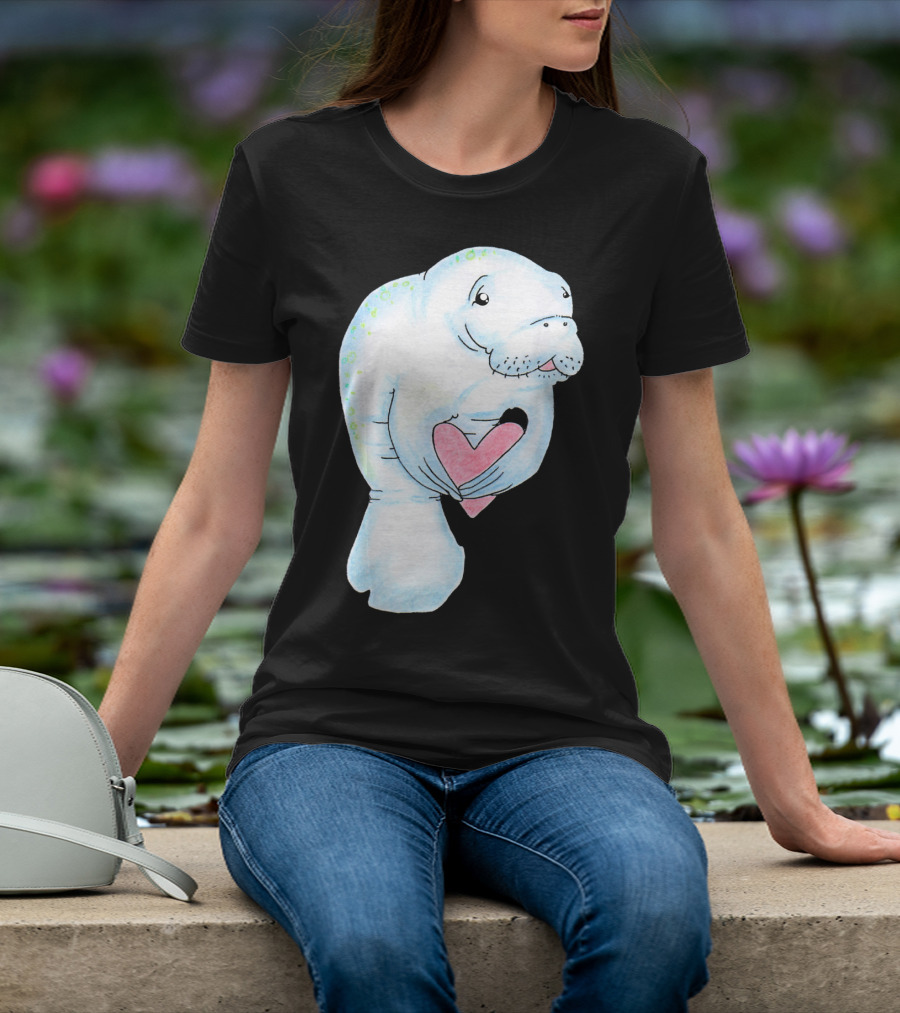 Manatee Holding Heart Valentines Day T-Shirt
