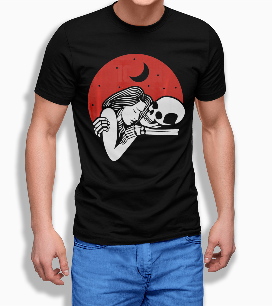 Cute Skeleton Romantic Valentines Moon Embrace T-Shirt