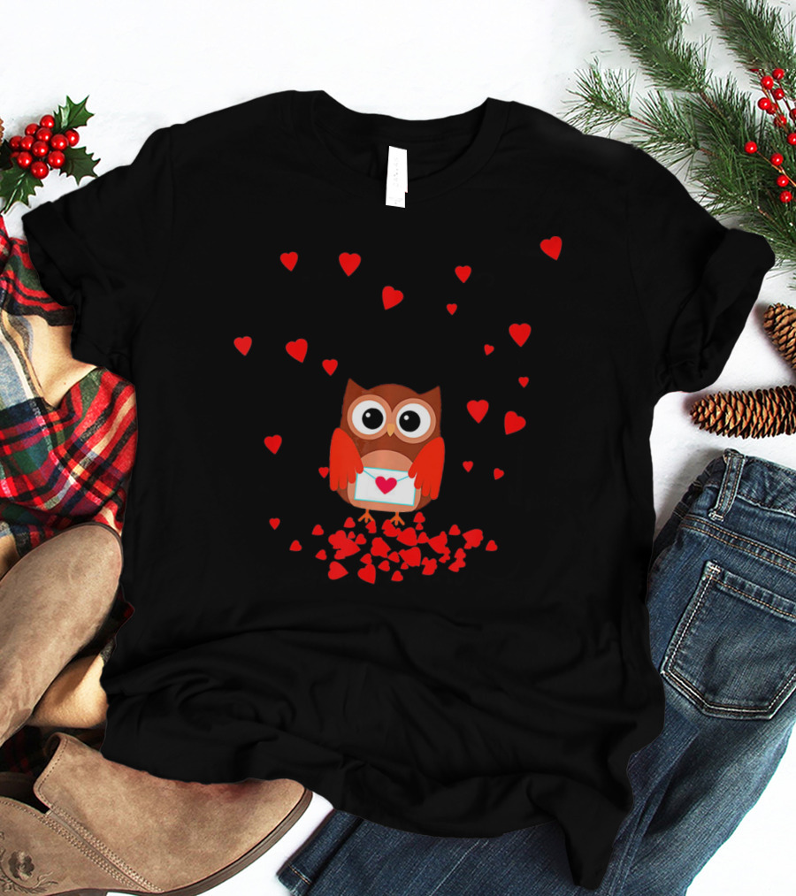 Valentine Owl Holding Love Letter Surrounded By Hearts T-Shirt