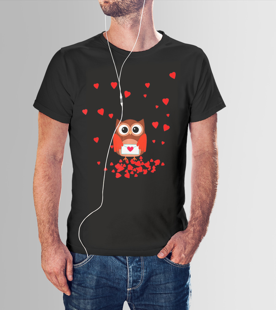 Valentine Owl Holding Love Letter Surrounded By Hearts T-Shirt