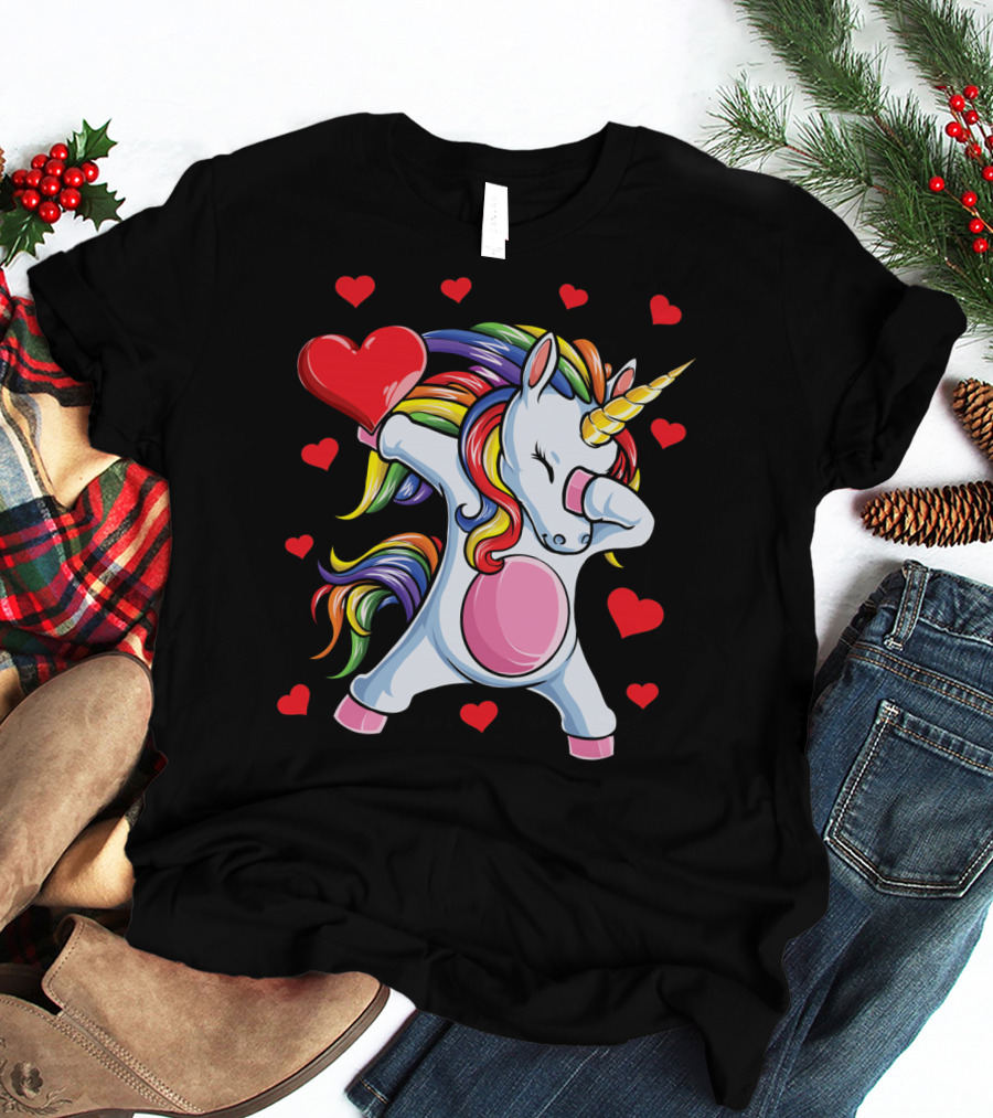 Rainbow Dabbing Unicorn With Hearts Valentine's T-Shirt