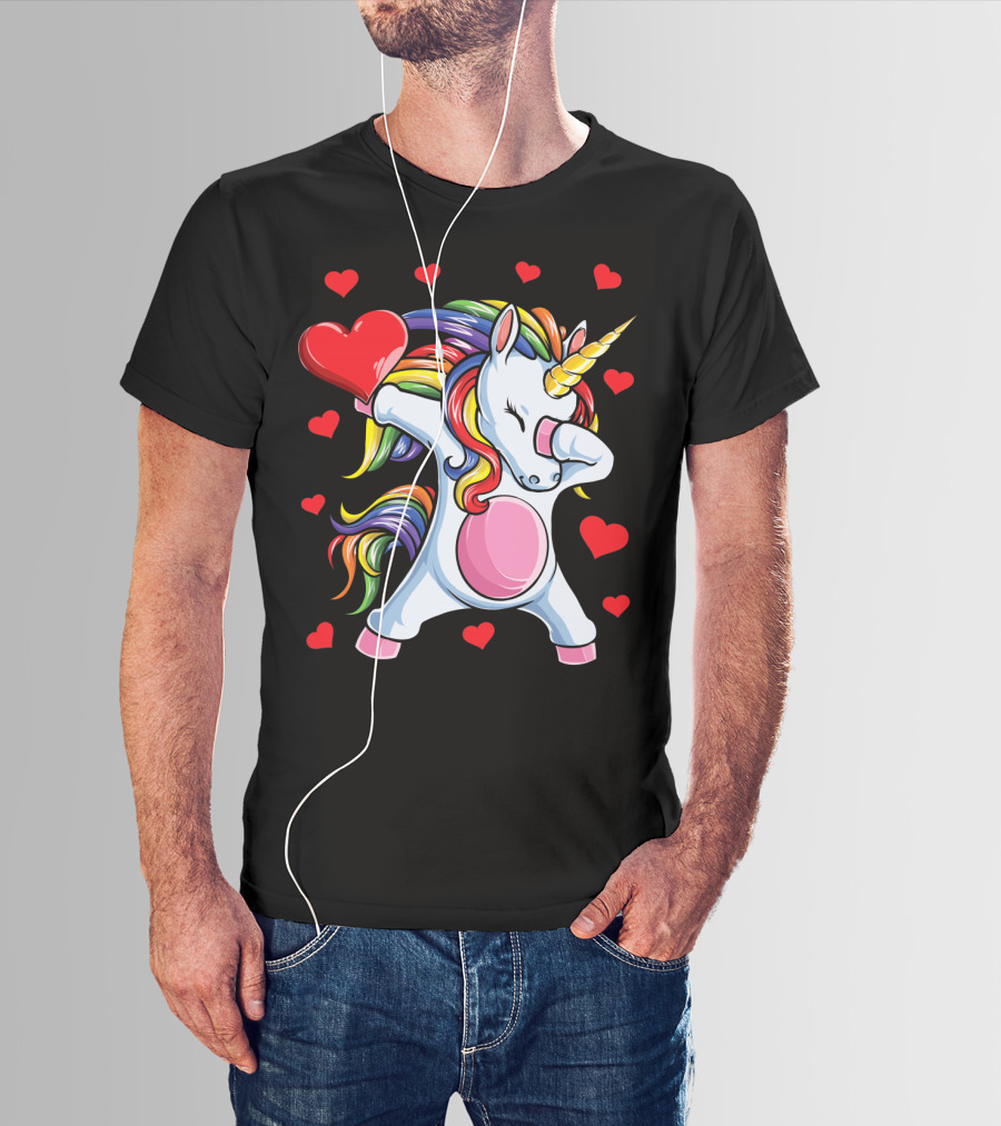 Rainbow Dabbing Unicorn With Hearts Valentine's T-Shirt